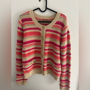Pink Orange Striped Knit Woven Long Sleeve Button-Up Sweater with Pockets Large